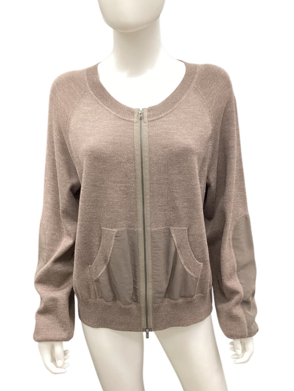 St.John Women’s Sweater Size L Zip Up Cardigan Wool Silk Pockets Fine Knit Brown